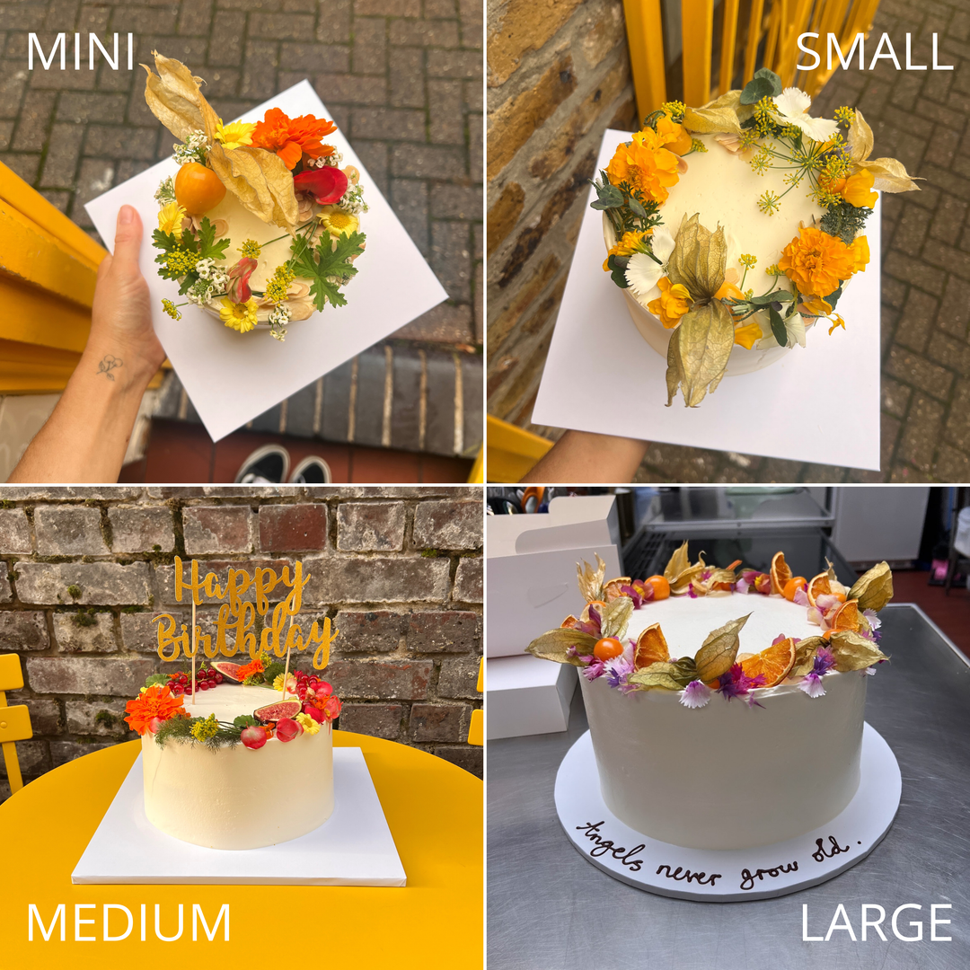 Sicilian lemon cake size guide: mini, small, medium and large, decorated with seasonal fruit and flowers