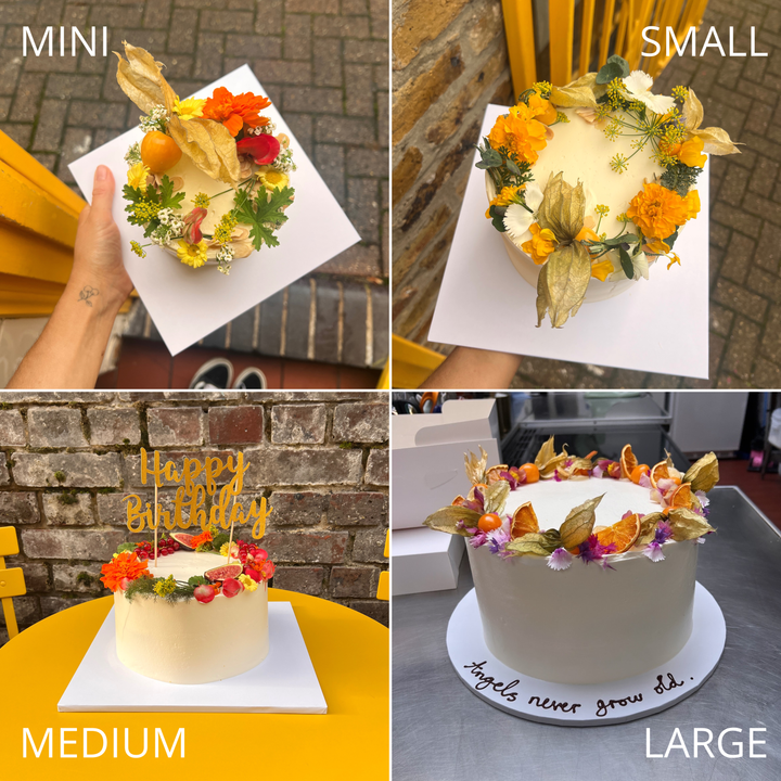 Sicilian lemon cake size guide: mini, small, medium and large, decorated with seasonal fruit and flowers