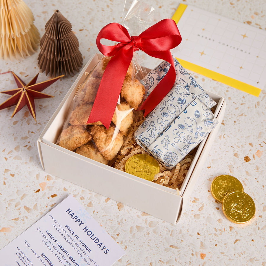 Mini Christmas Hamper with Baileys Caramel Brownie, Mince Pie Blondie and Snowball Coconut Macaroons