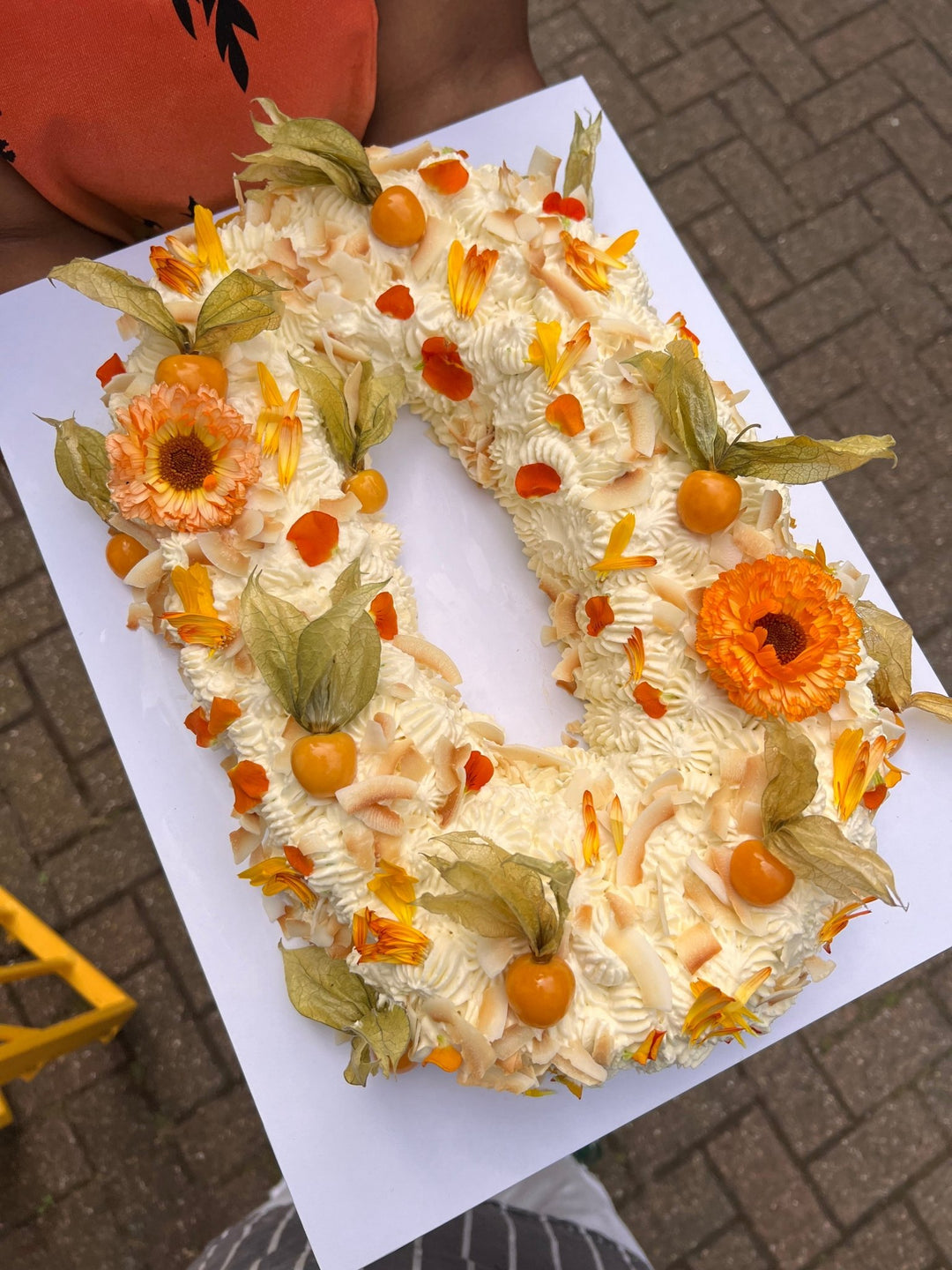 Number 0 Cake, decorated with physalis, edible flowers. London delivery.