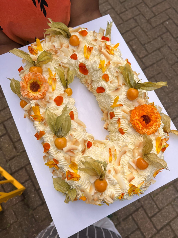 Number 0 Cake, decorated with physalis, edible flowers. London delivery.