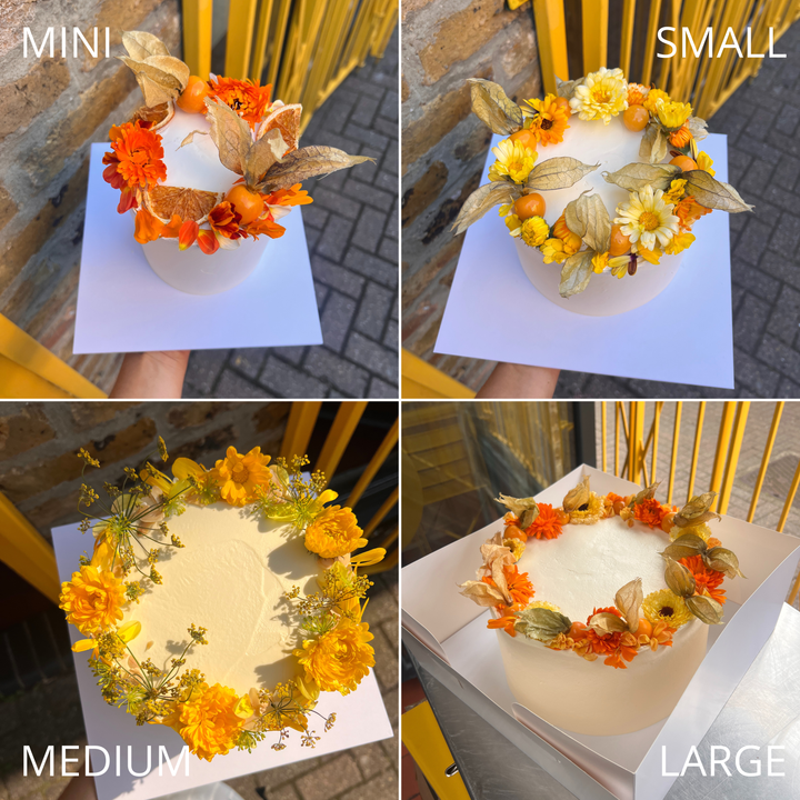 Sunshine cake size guide: mini, small, medium and large, decorated with physalis and marigold flowers