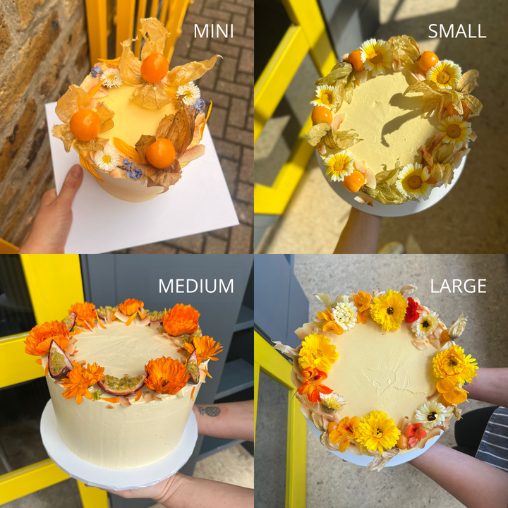 Mango & coconut cake size guide: mini, small, medium and large, decorated with seasonal flowers