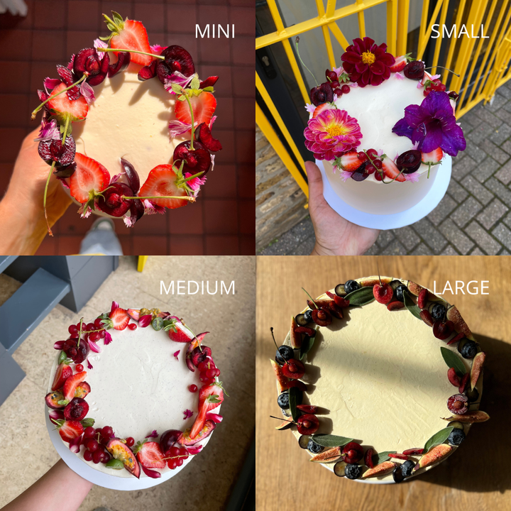 Summer Dream cake size guide: mini, small, medium and large, decorated with seasonal berries and flowers