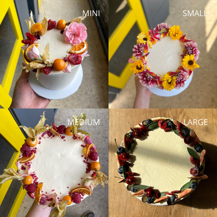 Vanilla & raspberry cake size guide: mini, small, medium and large, decorated with seasonal fruit and flowers