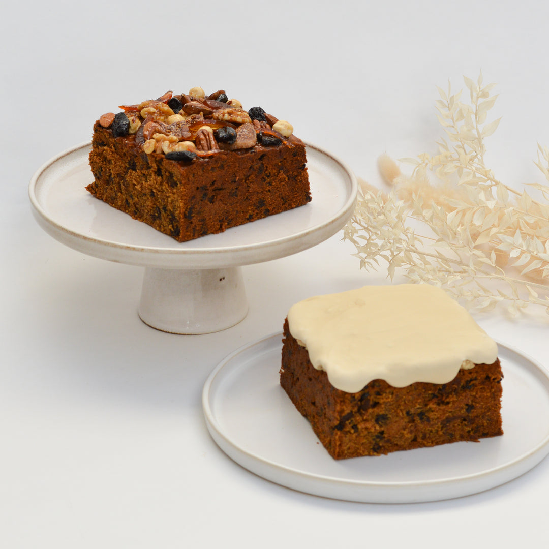 Two Christmas Cakes- one with fruit & nut decoration, one with marzipan & icing